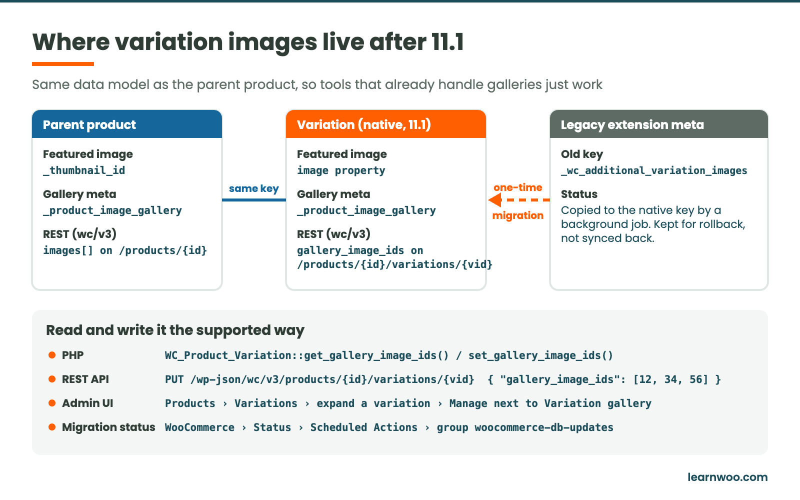 Diagram of parent product, native variation and legacy extension meta keys: parent and variation galleries both use _product_image_gallery, the legacy key is migrated once; PHP, REST and admin paths listed.