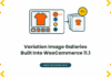 Illustration of a WooCommerce product card with colour swatches, a selected orange variation and its own image gallery, with a 11.1 badge, titled Variation Image Galleries Built Into WooCommerce 11.1