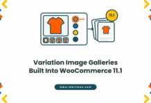 How to Add Variation Image Galleries in WooCommerce 11.1 (No Plugin Needed) Illustration of a WooCommerce product card with colour swatches, a selected orange variation and its own image gallery, with a 11.1 badge, titled Variation Image Galleries Built Into WooCommerce 11.1