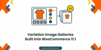 Illustration of a WooCommerce product card with colour swatches, a selected orange variation and its own image gallery, with a 11.1 badge, titled Variation Image Galleries Built Into WooCommerce 11.1