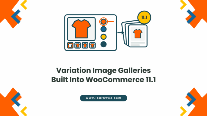 WooCommerce 11.1 variation image galleries Illustration of a WooCommerce product card with colour swatches, a selected orange variation and its own image gallery, with a 11.1 badge, titled Variation Image Galleries Built Into WooCommerce 11.1