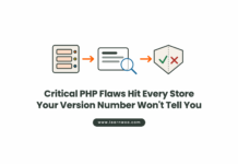 Illustration of a server, a PHP version number being inspected with a magnifying glass, and a shield showing both a green tick and a red cross, above the headline Critical PHP Flaws Hit Every Store
