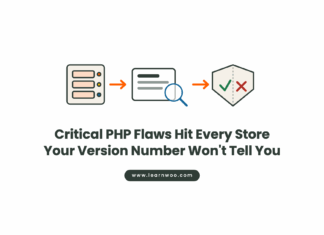 Illustration of a server, a PHP version number being inspected with a magnifying glass, and a shield showing both a green tick and a red cross, above the headline Critical PHP Flaws Hit Every Store