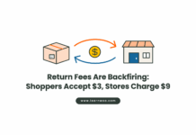 Return Fees Are Backfiring: Shoppers Accept $3, Stores Charge $9 Illustration of a parcel returning to a store with a coin between them, titled Return Fees Are Backfiring: Shoppers Accept $3, Stores Charge $9