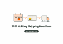 Flat vector illustration of a calendar with a marked date, a parcel box and a delivery truck, under the title 2026 Holiday Shipping Deadlines