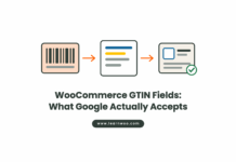 WooCommerce GTIN Fields: What Google Actually Accepts Flat illustration of a barcode label feeding into a product data sheet and then a search listing with a green tick, under the title WooCommerce GTIN Fields: What Google Actually Accepts